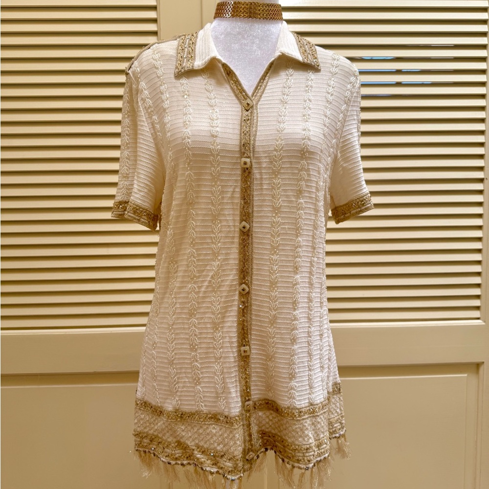 Cream and gold Escada short sleeve button down top with rhinestone buttons